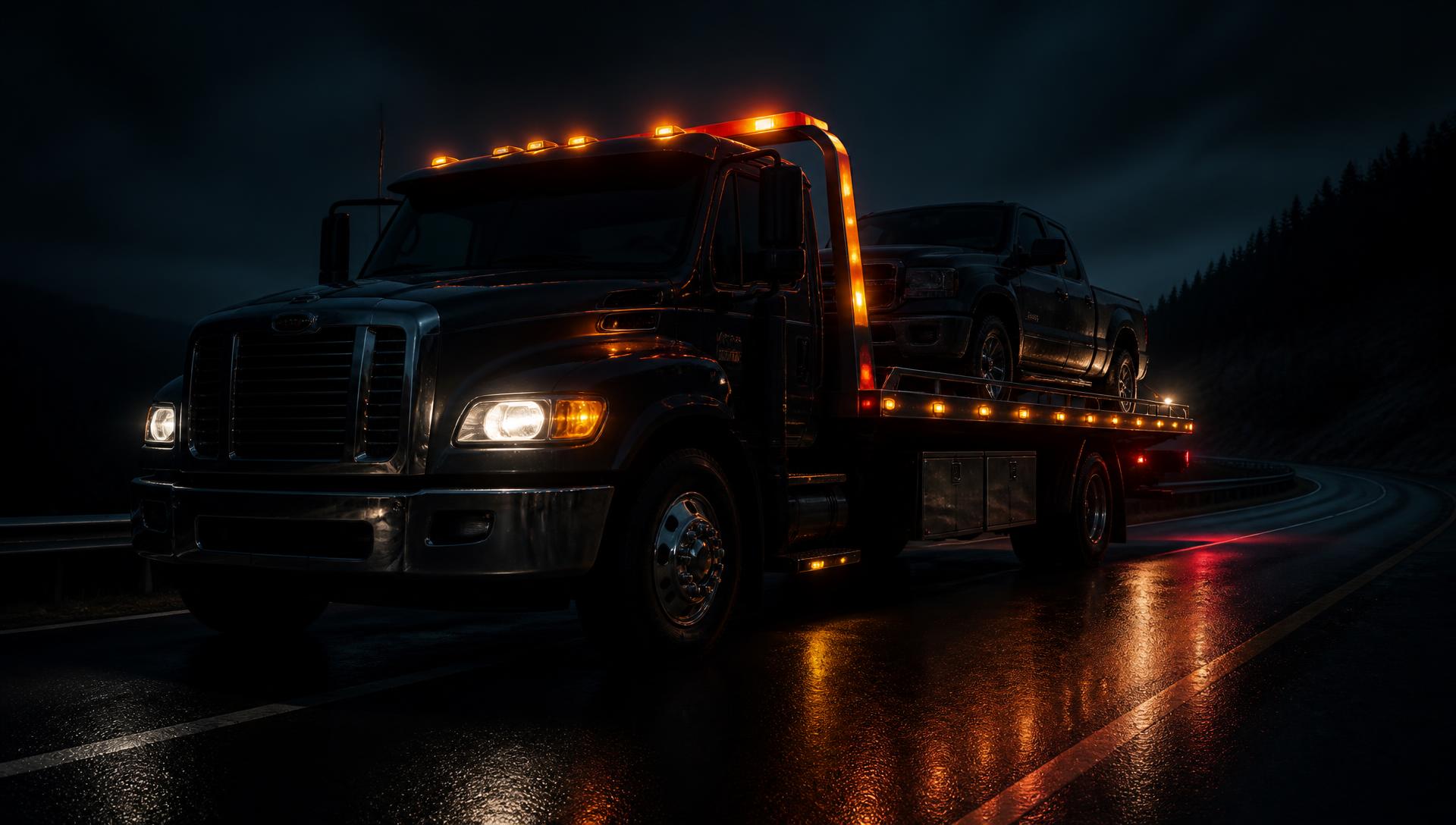 Flatbed tow truck with emergency lights on a highway at night